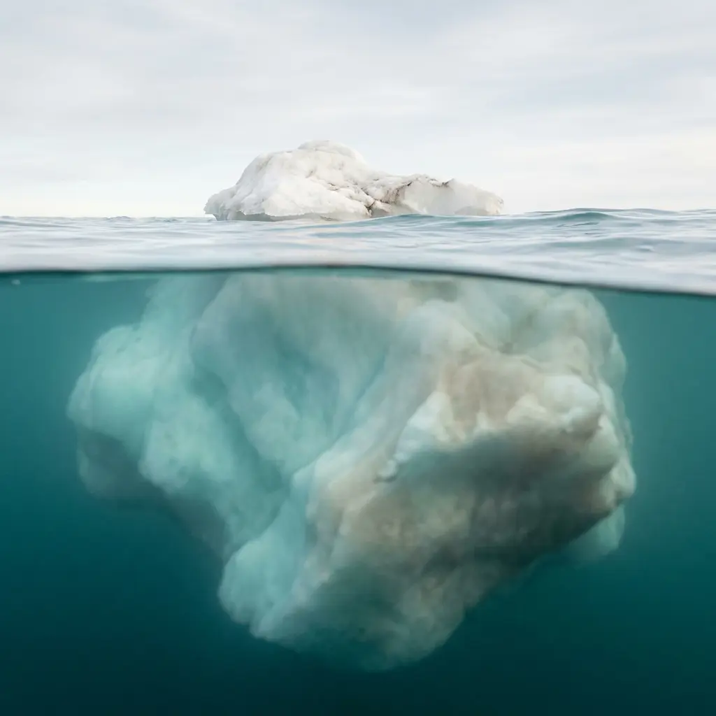 A photo of an iceberg: a small tip above the water and a much bigger part hidden below the surface.